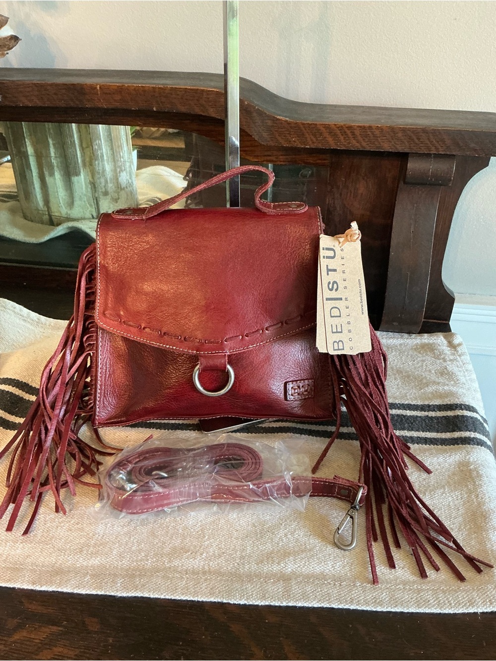 NWT Bed Stu Fringe Leather Hidden Crossbody Bag Handbag Cherry Lacquer MSRP $249 - Picture 3 of 14